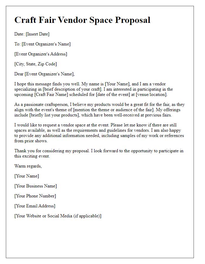 Letter template of craft fair proposal for vendor space