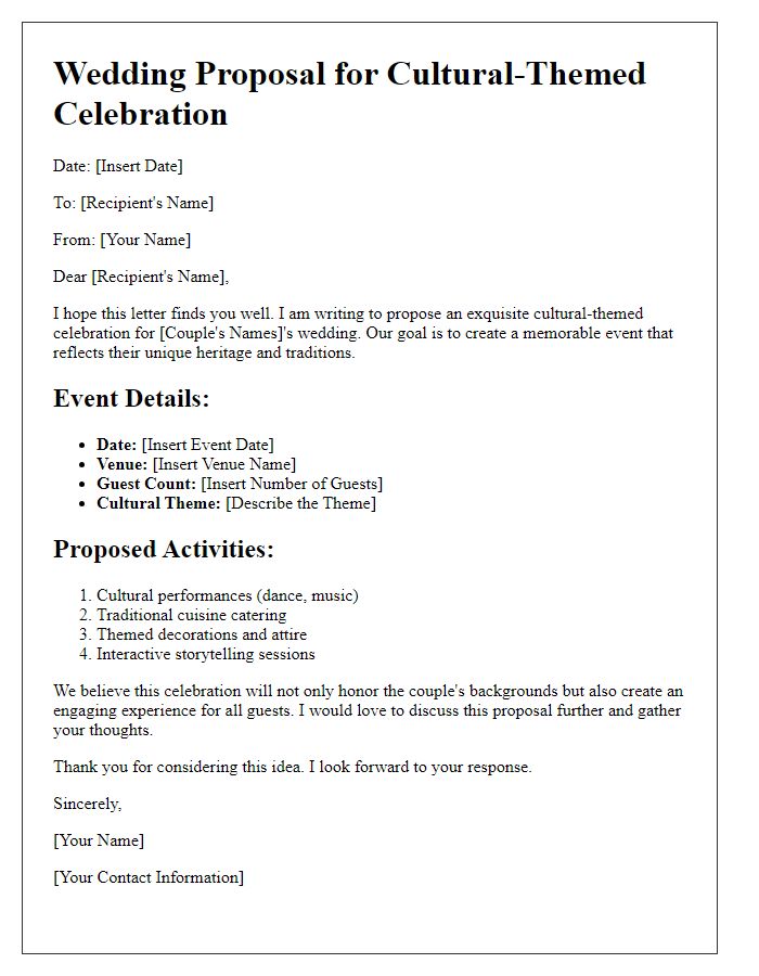 Letter template of wedding proposal organization for a cultural-themed celebration