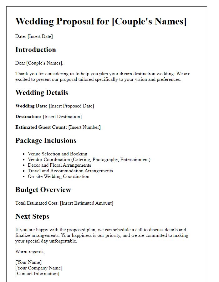 Letter template of wedding proposal organization for a destination wedding planning