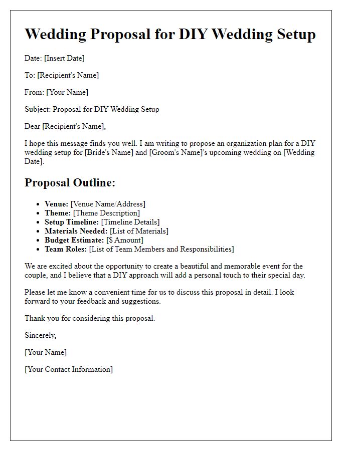 Letter template of wedding proposal organization for a DIY wedding setup