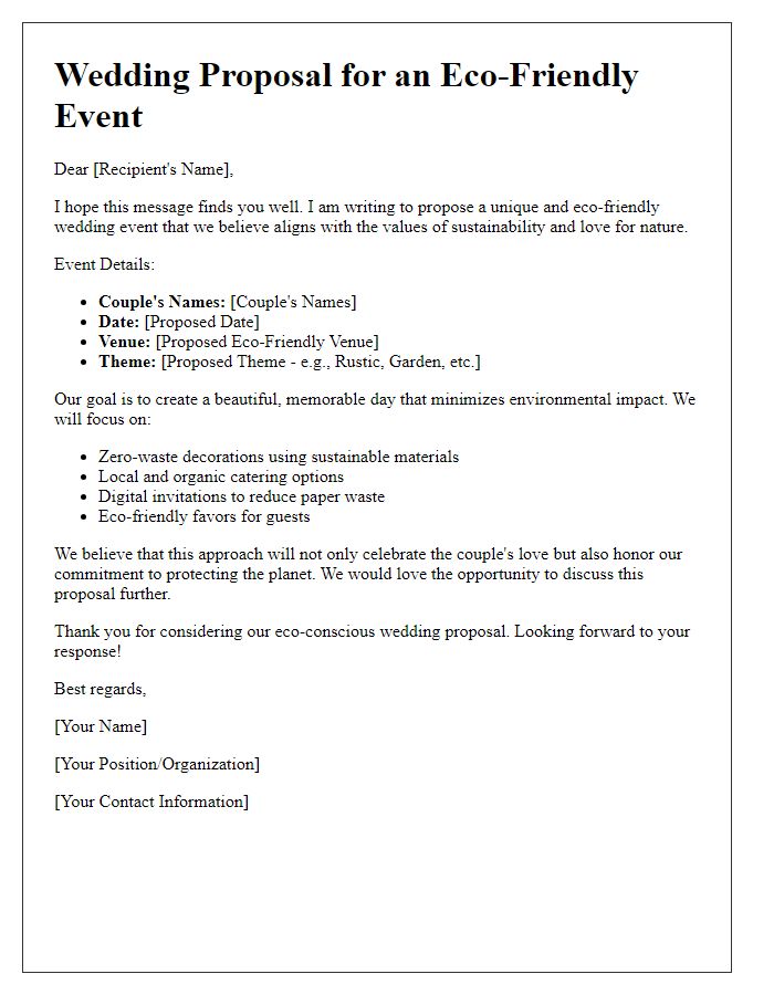 Letter template of wedding proposal organization for an eco-friendly event