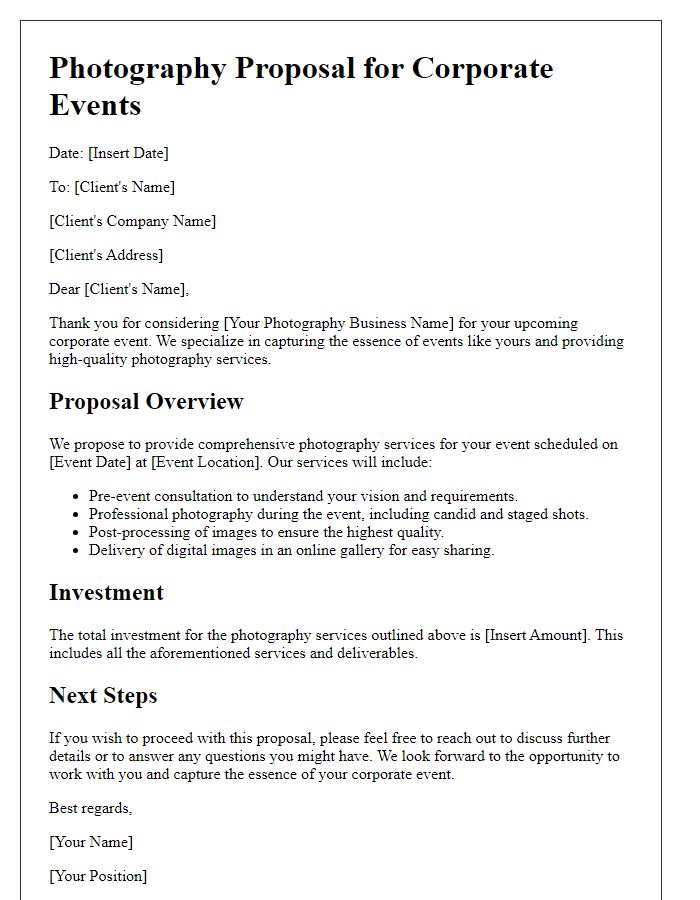 Letter template of photography proposal for corporate events.