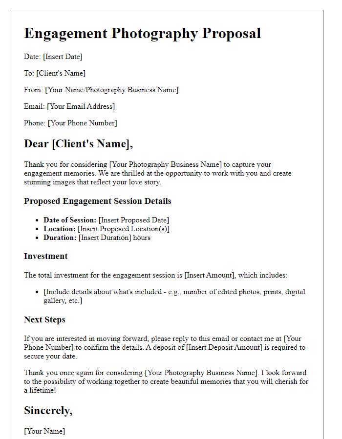 Letter template of photography proposal for engagement sessions.