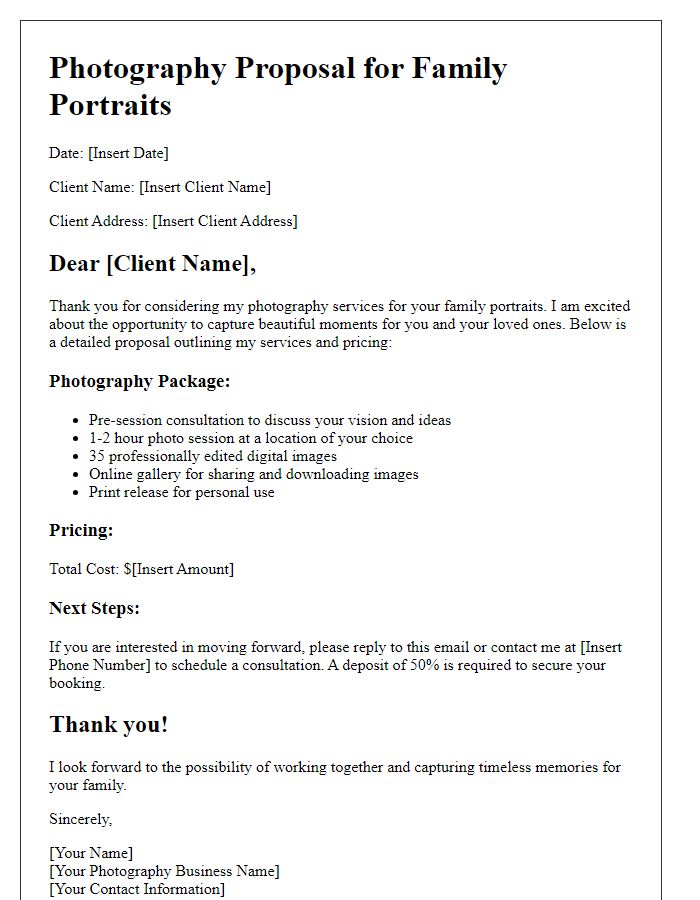 Letter template of photography proposal for family portraits.