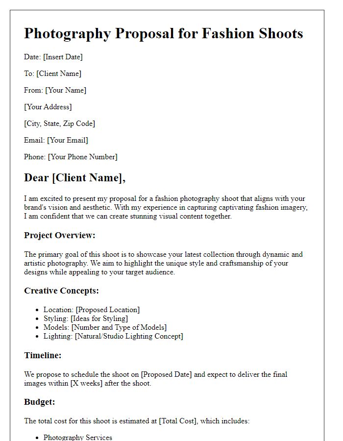 Letter template of photography proposal for fashion shoots.