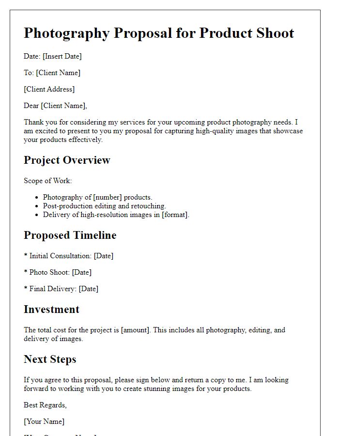 Letter template of photography proposal for product photography.