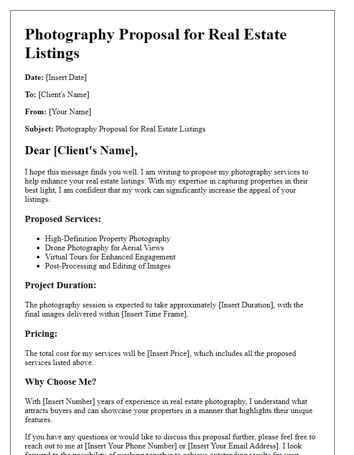 Letter template of photography proposal for real estate listings.