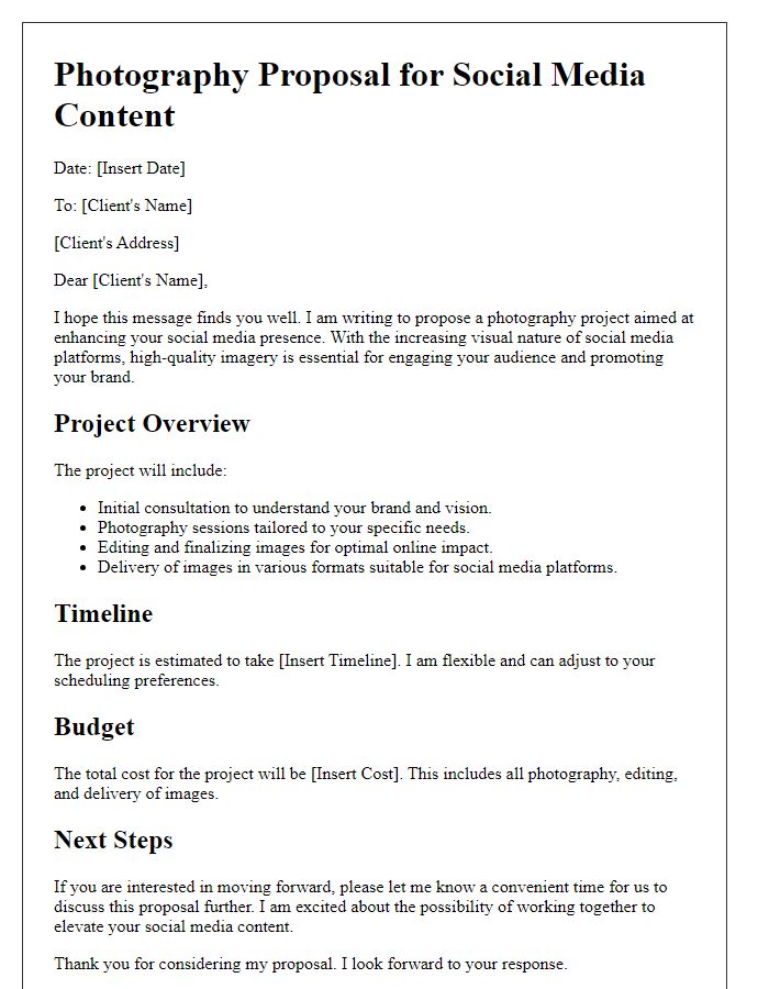 Letter template of photography proposal for social media content.