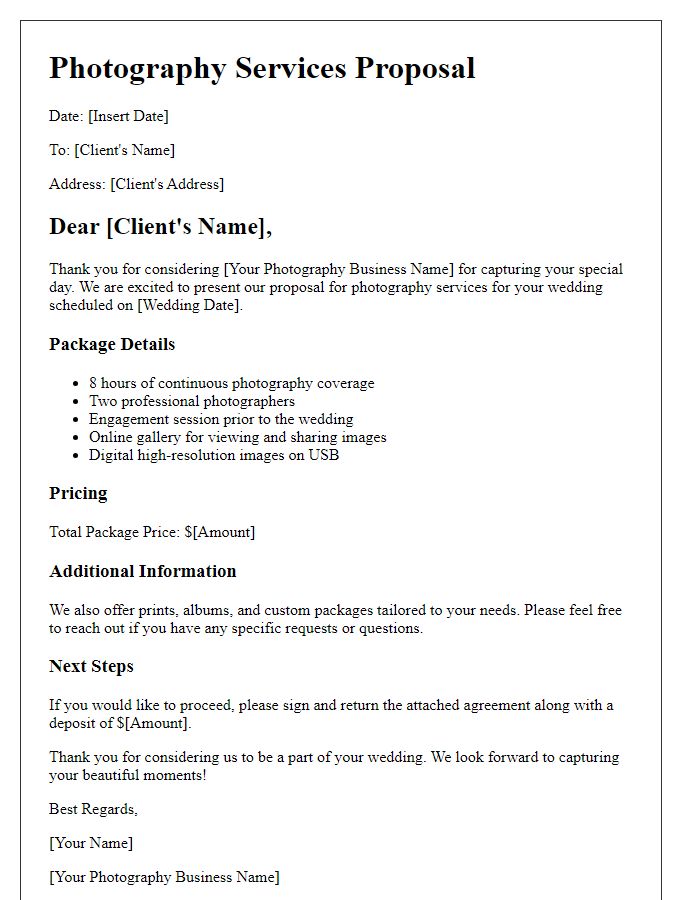 Letter template of photography proposal for wedding services.