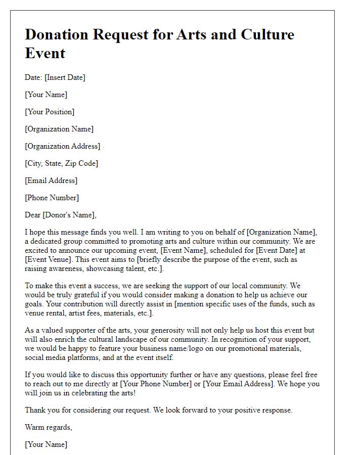 Letter template of donation request for arts and culture events