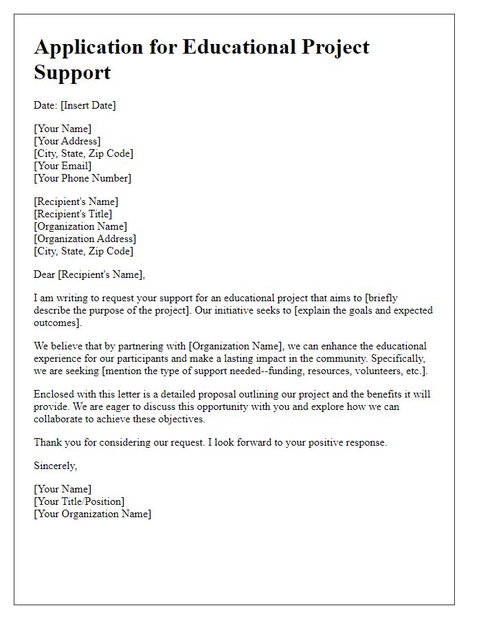 Letter template of application for educational project support