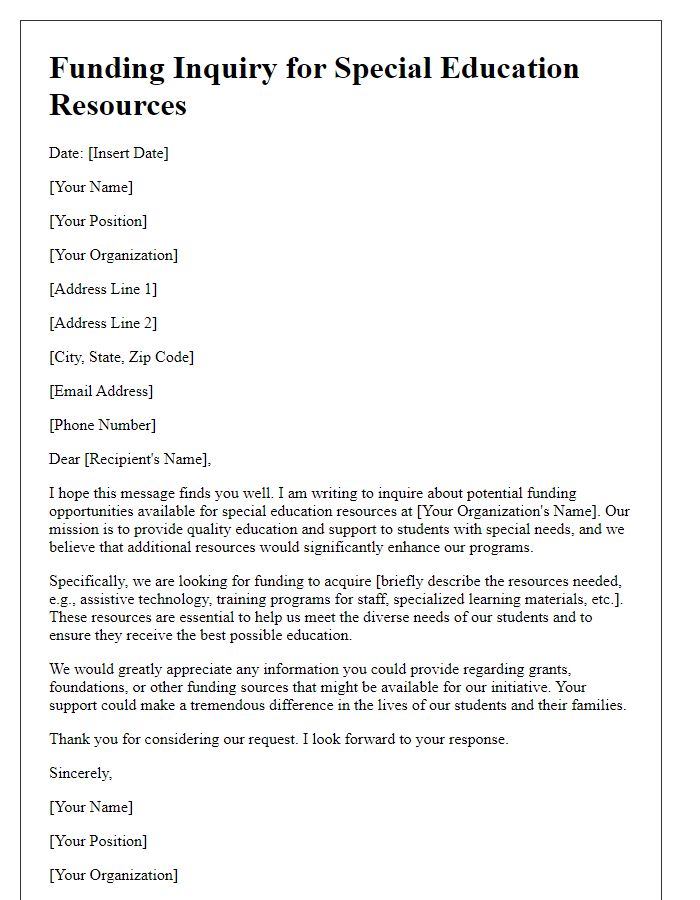 Letter template of funding inquiry for special education resources