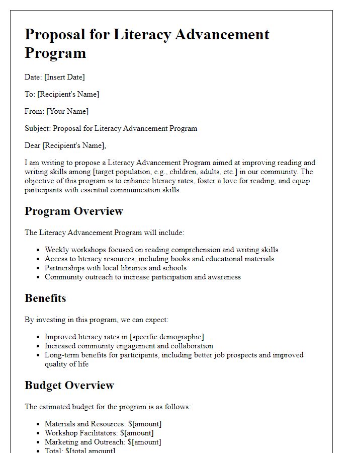 Letter template of proposal for literacy advancement program