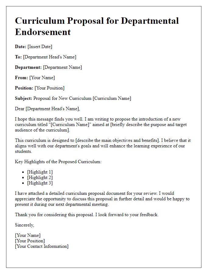 Letter template of curriculum proposal for departmental endorsement