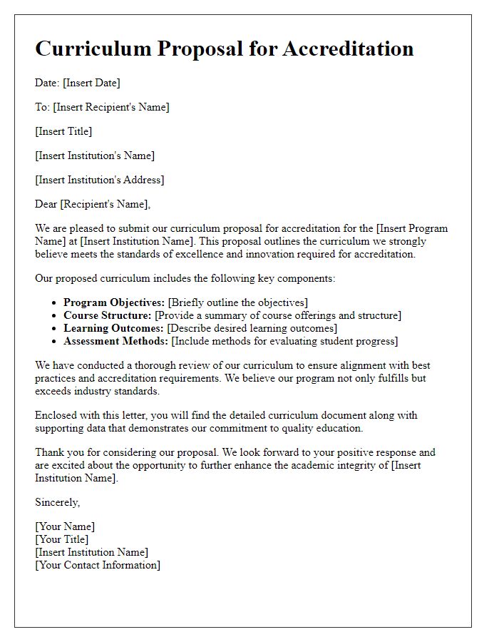 Letter template of curriculum proposal for educational accreditation