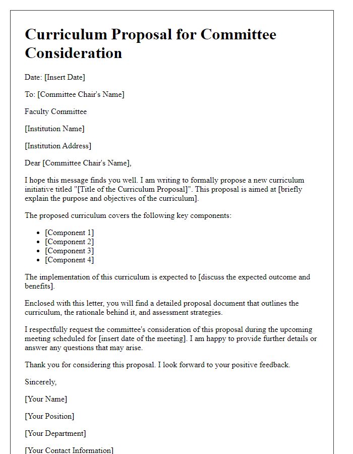 Letter template of curriculum proposal for faculty committee consideration