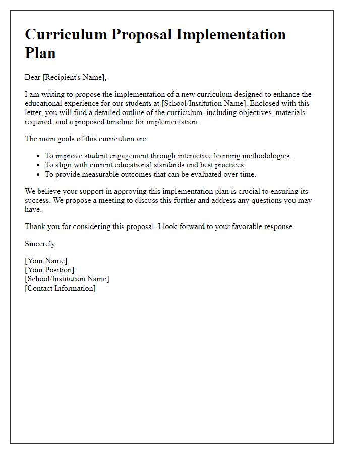 Letter template of curriculum proposal for implementation plan approval