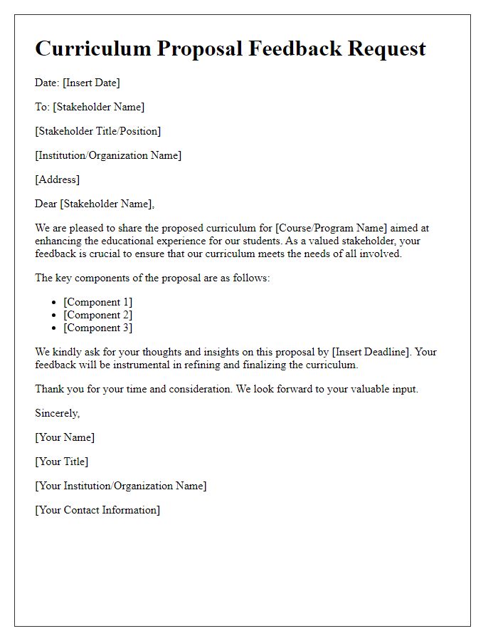 Letter template of curriculum proposal for stakeholder feedback