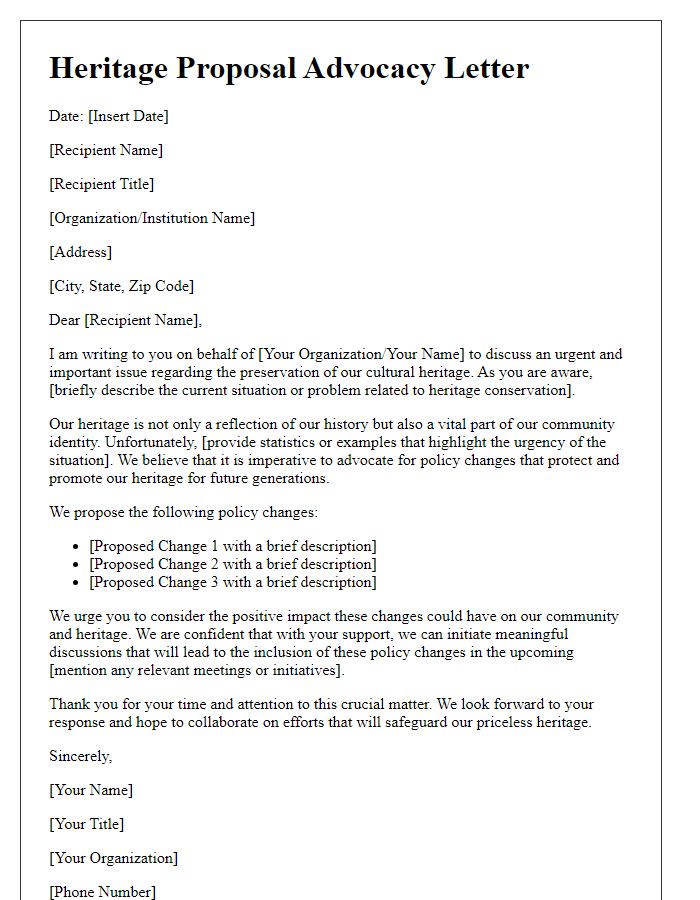 Letter template of heritage proposal advocating for policy change