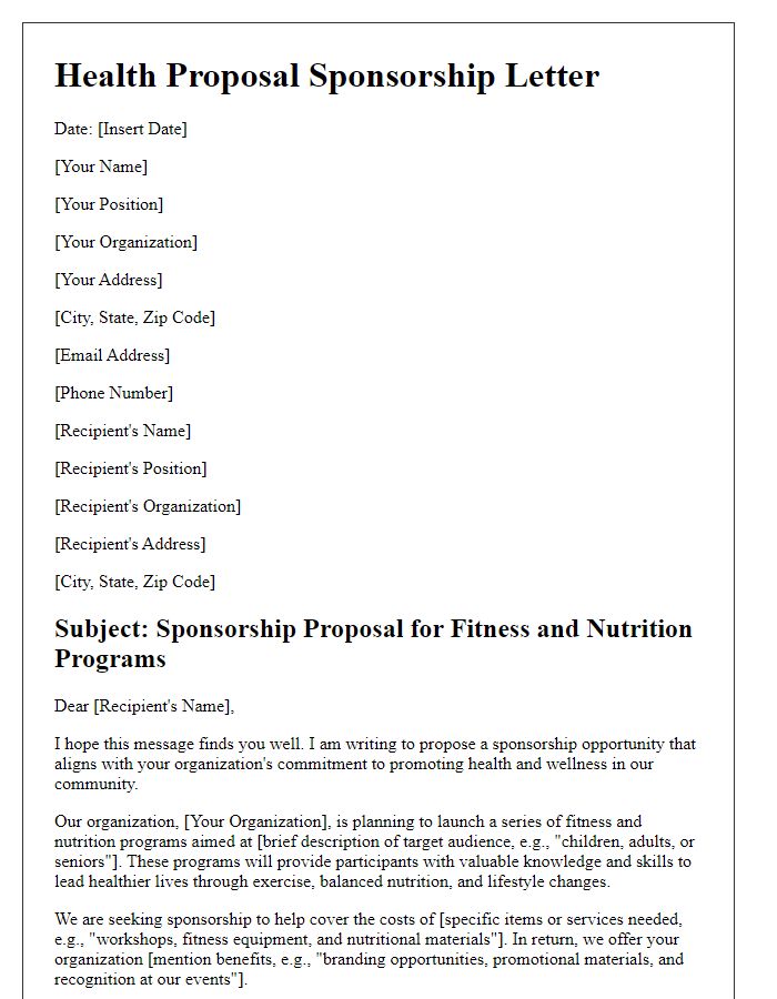 Letter template of health proposal sponsorship for fitness and nutrition programs