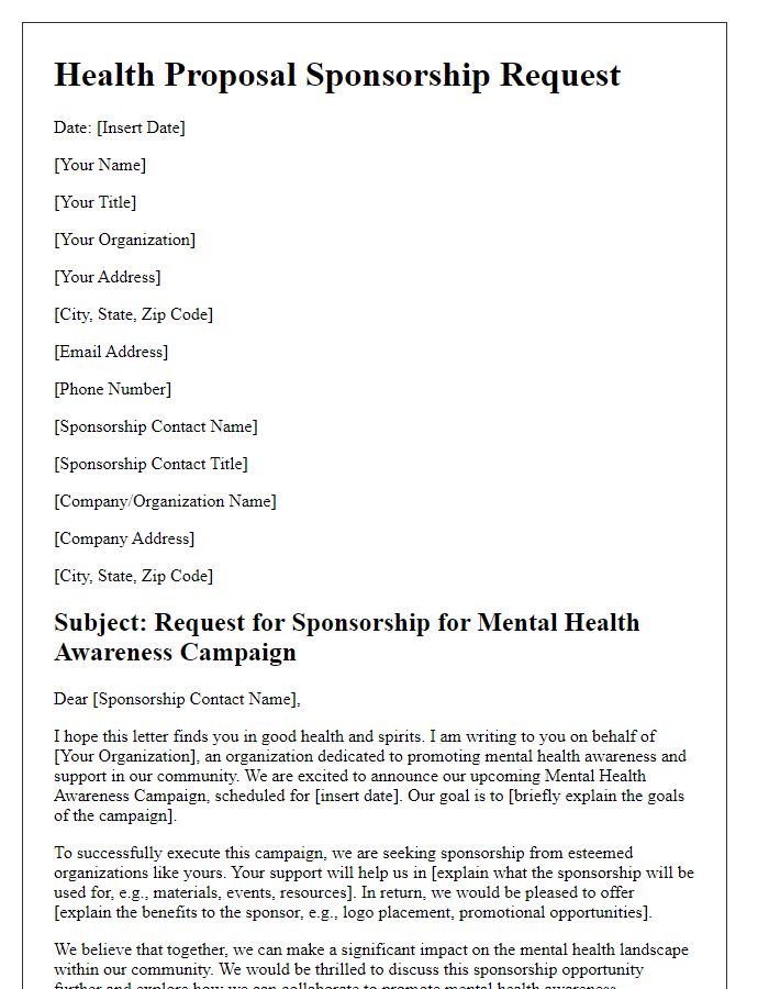 Letter template of health proposal sponsorship for mental health awareness campaigns