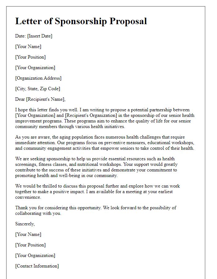 Letter template of health proposal sponsorship for senior health improvement programs