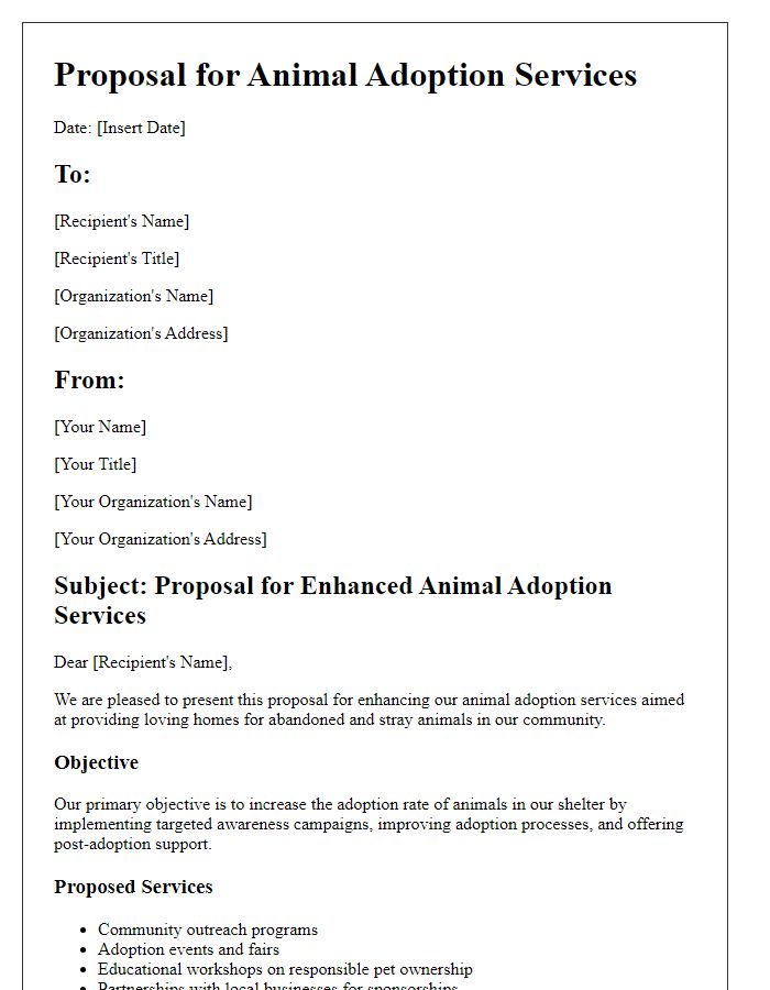 Letter template of animal care proposal for adoption services.