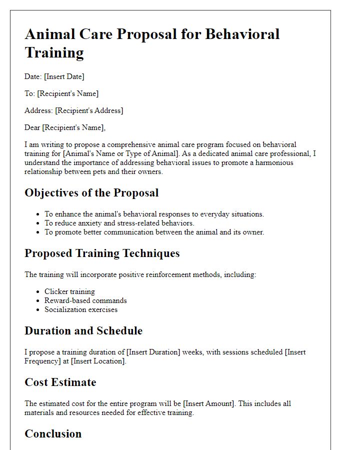 Letter template of animal care proposal for behavioral training.