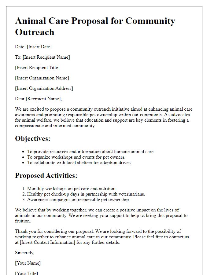 Letter template of animal care proposal for community outreach.