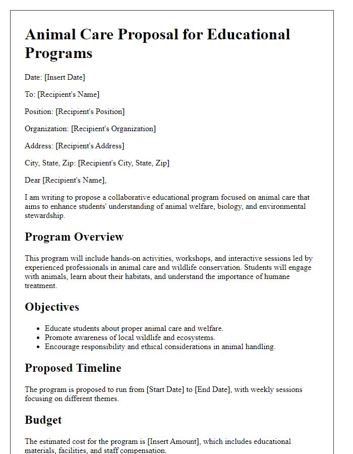 Letter template of animal care proposal for educational programs.