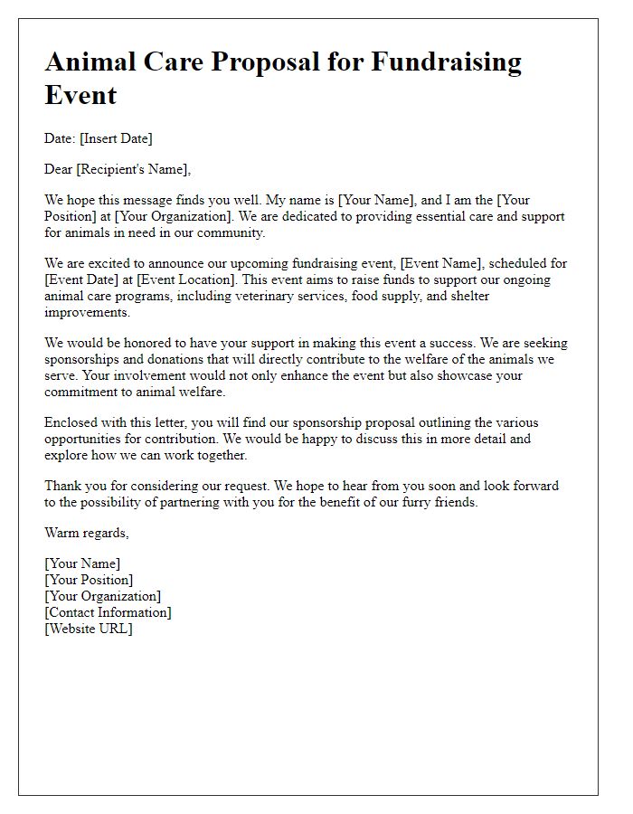 Letter template of animal care proposal for fundraising events.