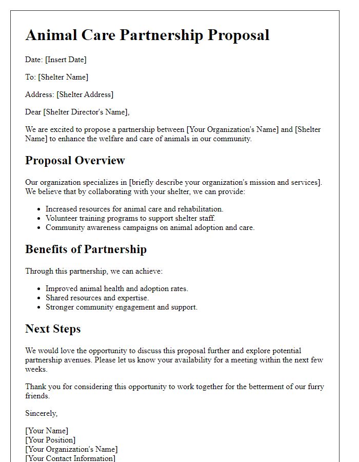 Letter template of animal care proposal for shelter partnership.