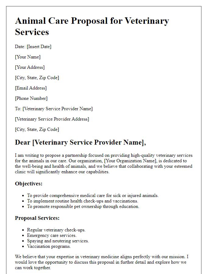 Letter template of animal care proposal for veterinary services.