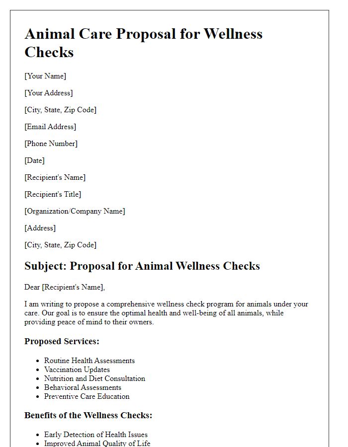 Letter template of animal care proposal for wellness checks.