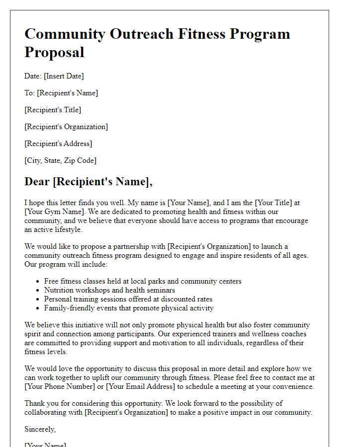 Letter template of gym proposal for community outreach fitness programs.