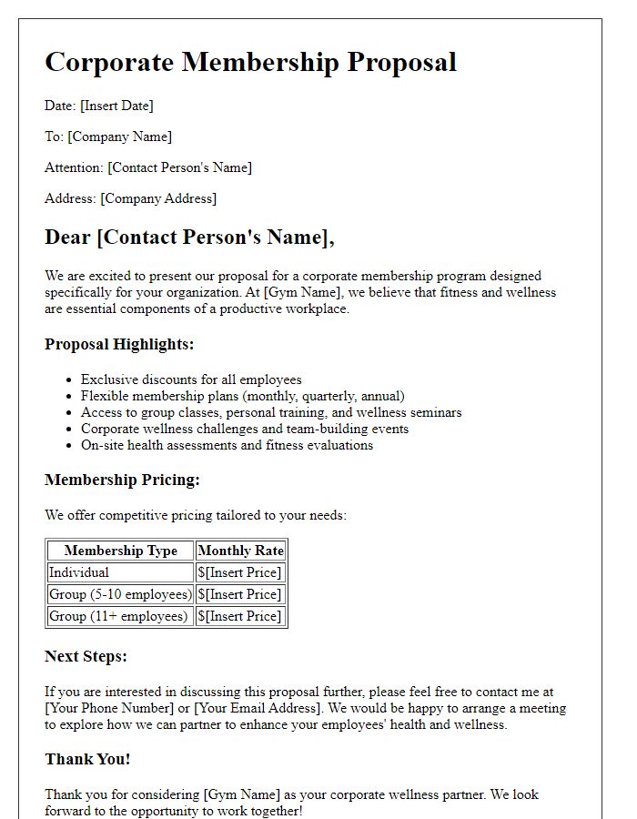 Letter template of gym proposal for corporate membership.