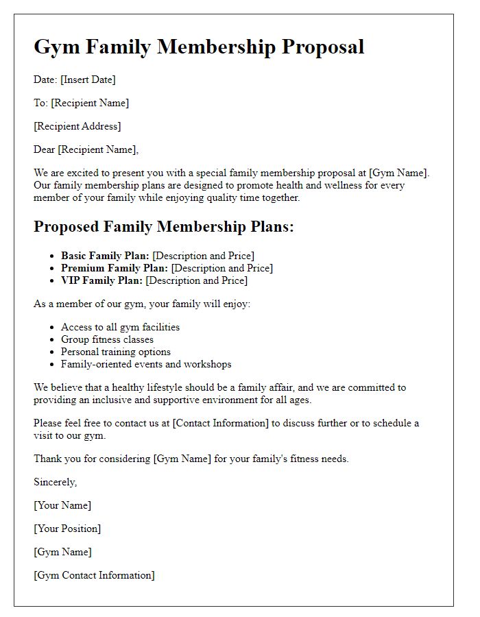 Letter template of gym proposal for family membership plans.