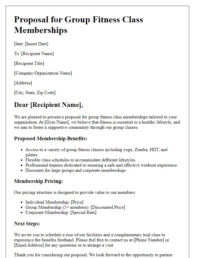 Letter template of gym proposal for group fitness class memberships.