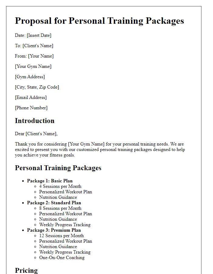 Letter template of gym proposal for personal training packages.