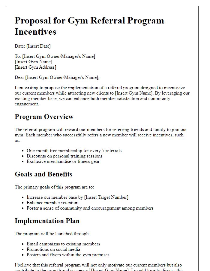 Letter template of gym proposal for referral program incentives.