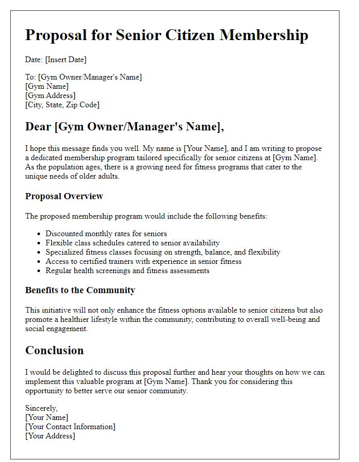 Letter template of gym proposal for senior citizen membership.