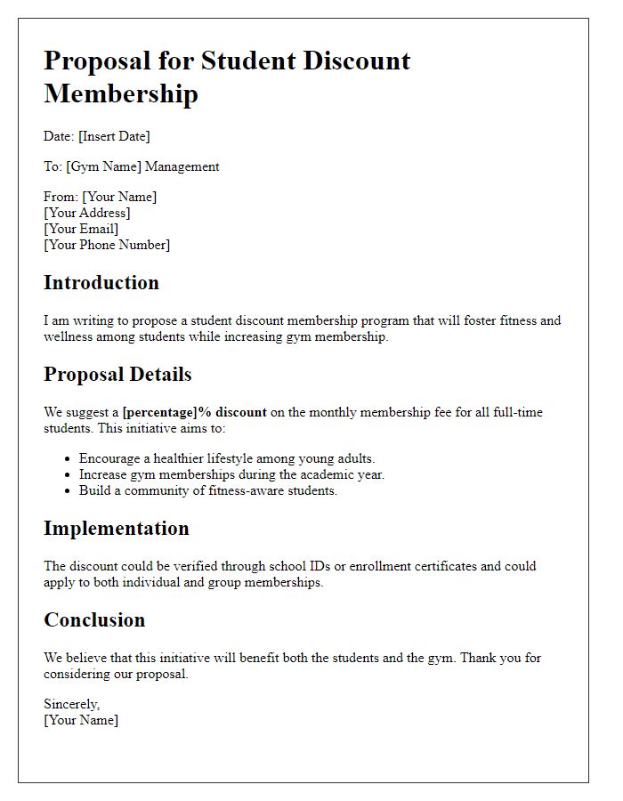 Letter template of gym proposal for student discount membership.