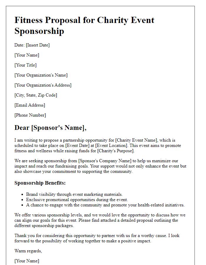 Letter template of fitness proposal for charity event sponsorship.