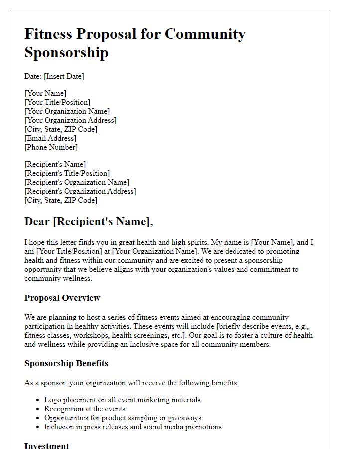 Letter template of fitness proposal for community sponsorship.