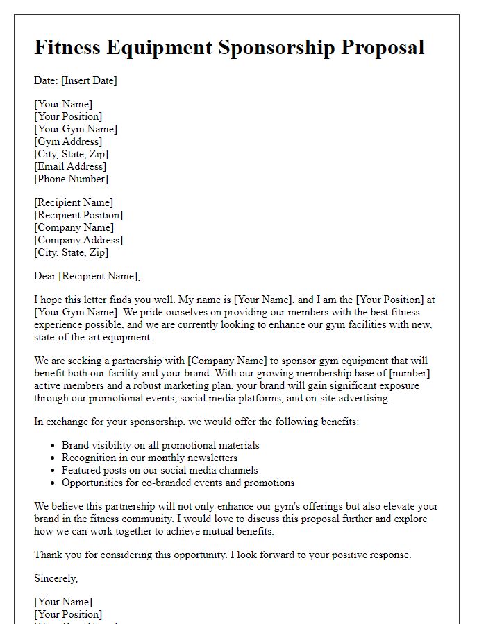 Letter template of fitness proposal for gym equipment sponsorship.