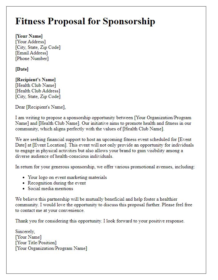 Letter template of fitness proposal for health club sponsorship.