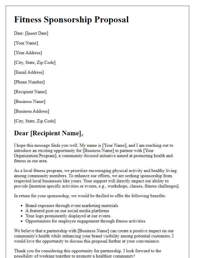 Letter template of fitness proposal for local business sponsorship.