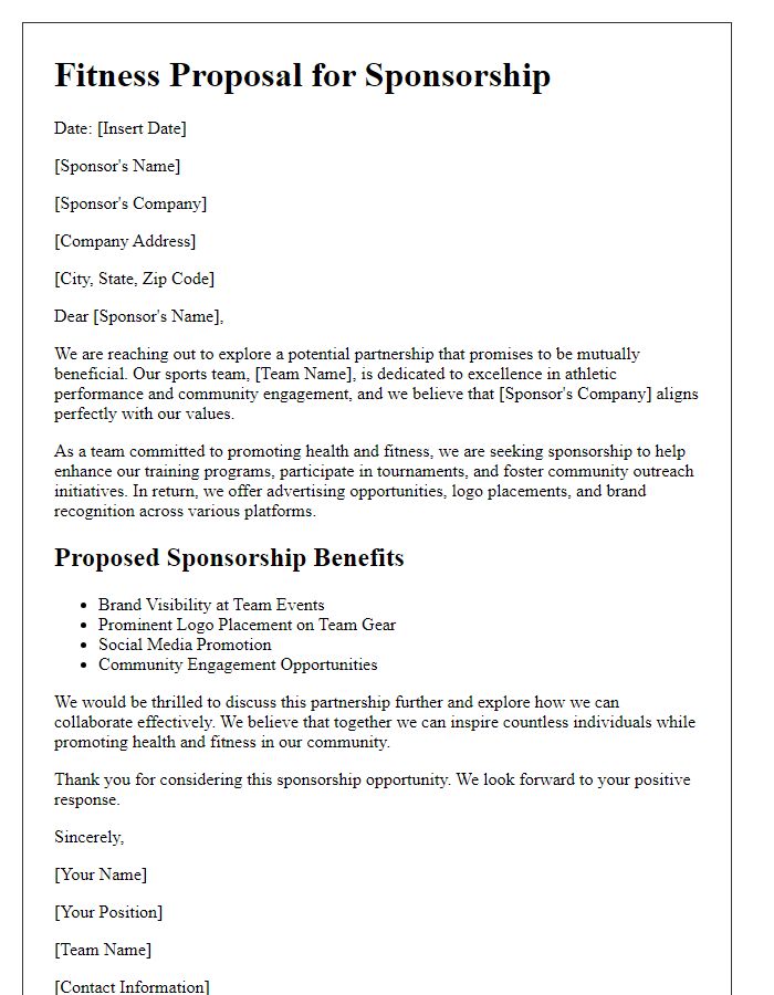 Letter template of fitness proposal for sports team sponsorship.