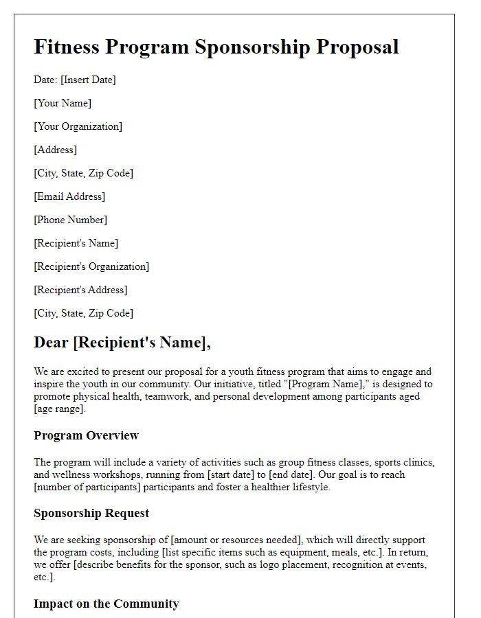 Letter template of fitness proposal for youth program sponsorship.