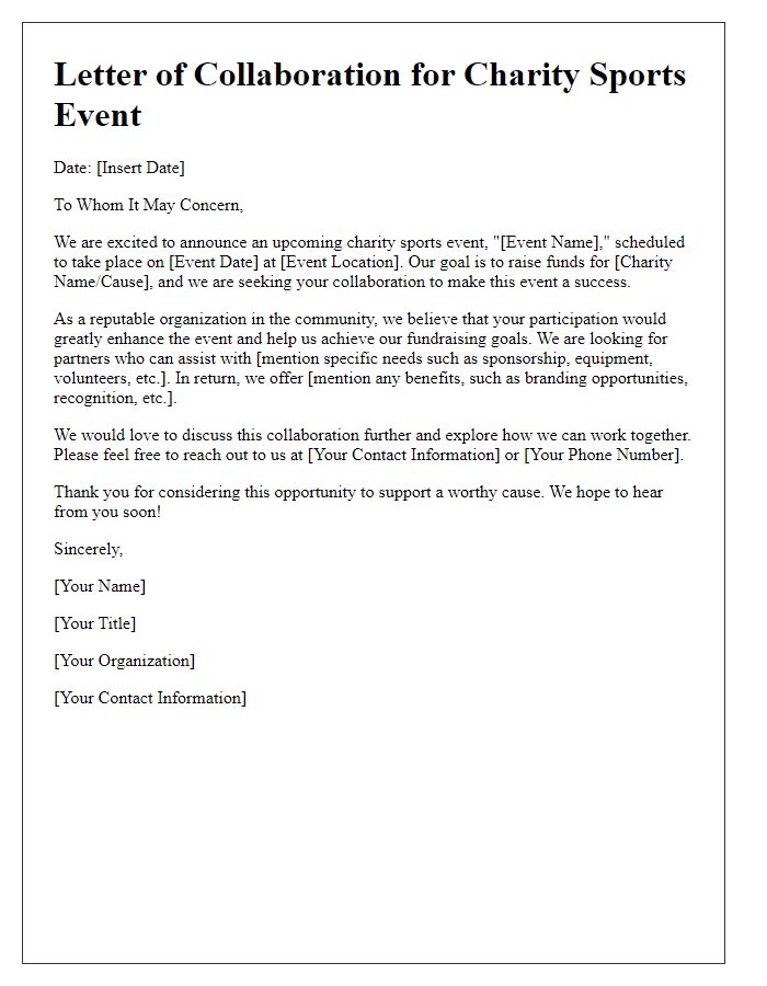 Letter template of a charity sports event collaboration.